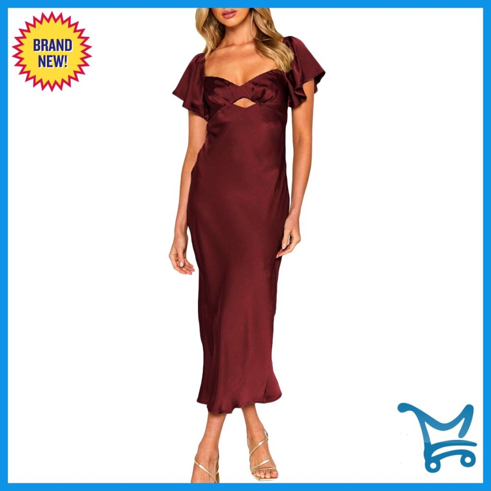 Satin Flutter Sleeve Midi Dress Sweetheart Neckline Cutout Tie Back Cocktail